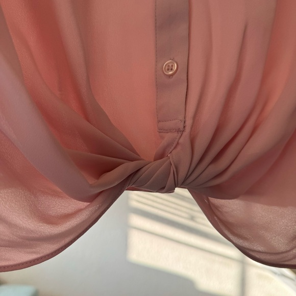 INC Twist Front Roll Cuff Button Down Mixed Media Peach Pink Mauve Blouse Size L - Picture 6 of 9